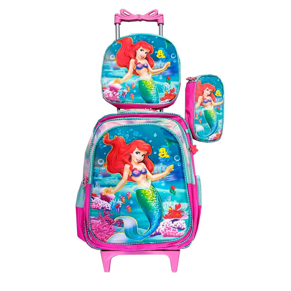 Kit Mochila da Ariel em 3D com Rodinhas + Lancheira Térmica + Estojo Escolar Infantil em Alto Relevo
