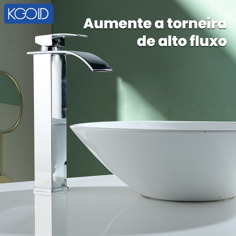 Torneira dourada com bica alta para pia de banheiro, misturador monocomando de aço inoxidável KGOLD