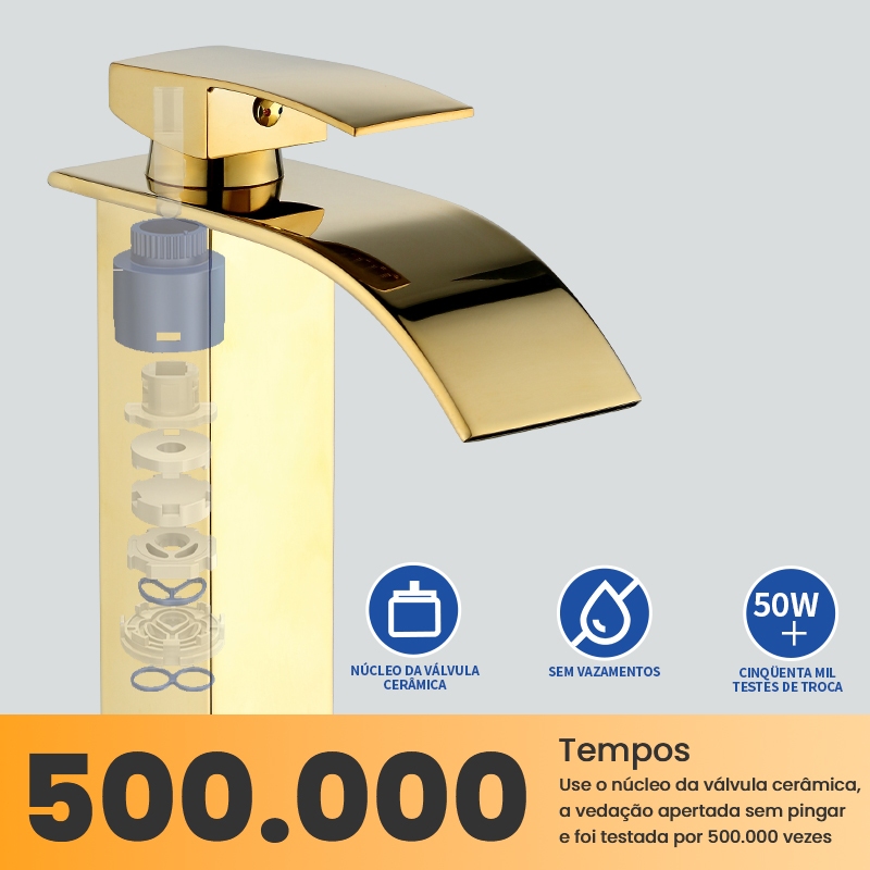 Torneira dourada com bica alta para pia de banheiro, misturador monocomando de aço inoxidável KGOLD