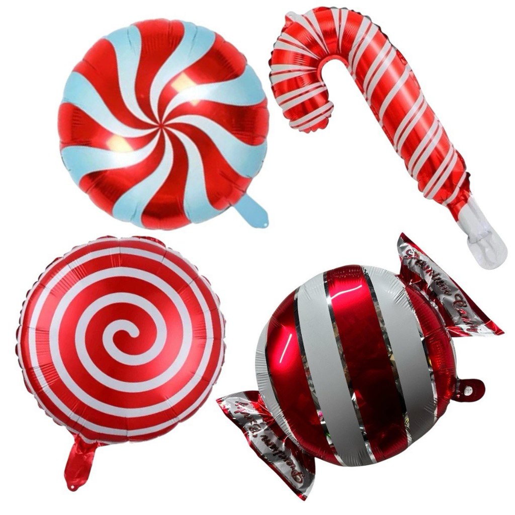 Kit c/ 12 Balão Metalizado Pirulito Espiral Bengala Balas Vermelho Festa Guloseimas Decoração
