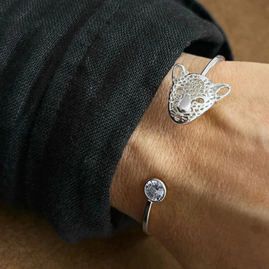 Pulseira Bracelete Pantera c/ Pedra de Zircônia Cristal Semijóia banhada a Ouro 18k ou a Prata 925