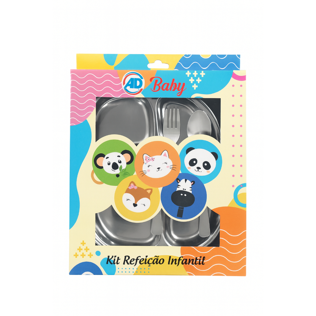 Kit Refeição Infantil 4 pçs Inox Prato divisória + Talher