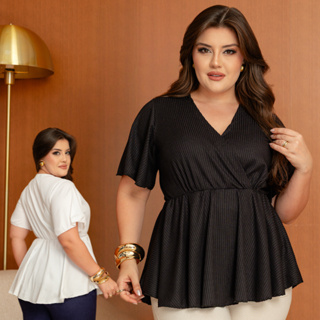 Blusa Plus Size Gola V Cintura Alta Mullet Manga Curta Veste Leg Blusinha Bata em Oferta na Shopee