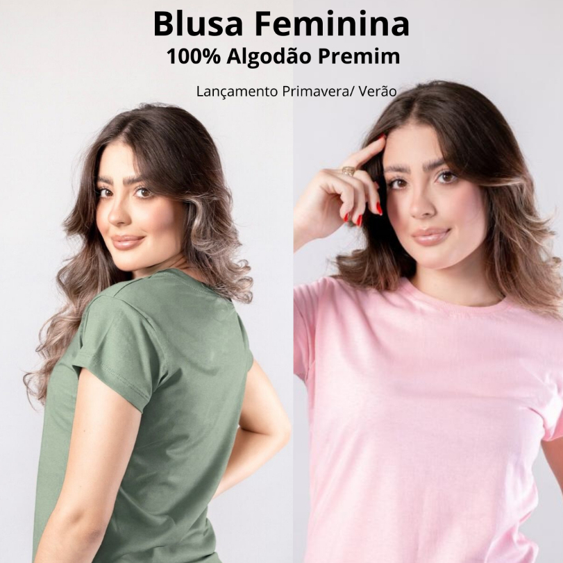 Blusa T-Shirt Feminina Tradicional Gola Redonda Camisa Feminina Lisa 100% Algodão Premium 30.1