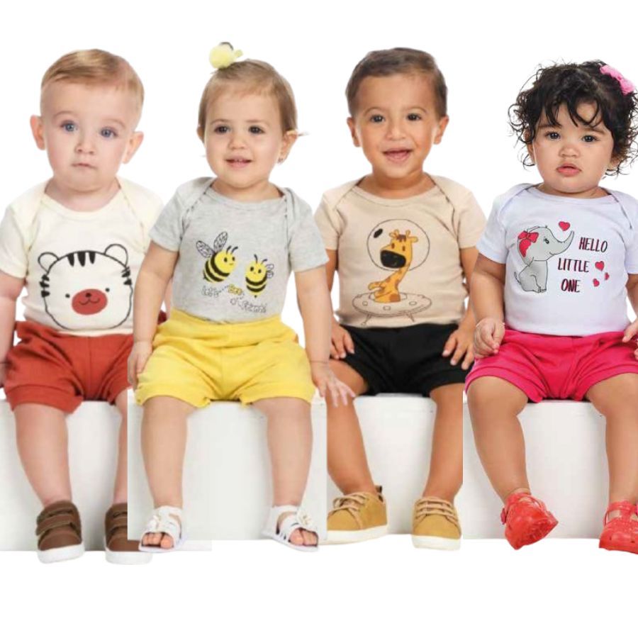 Kit Body Bebê Menino e Menina Bordado - 2 Peças - Conjunto 1 Body Manga Curta + 1 short bordado -100% Algodão