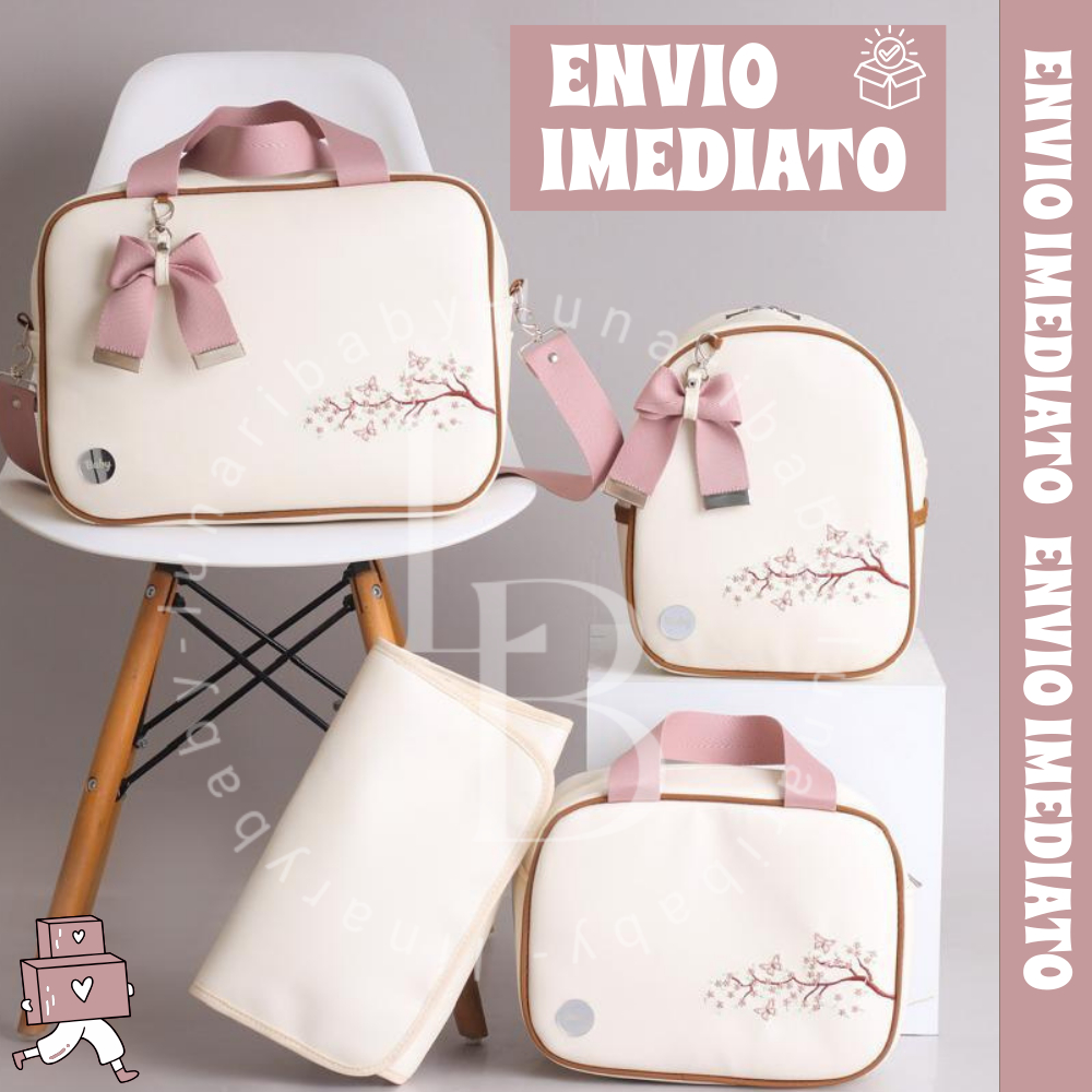 Bolsa Maternidade kit com 4 Peças impermeável Bordado Menina/Menino trocador