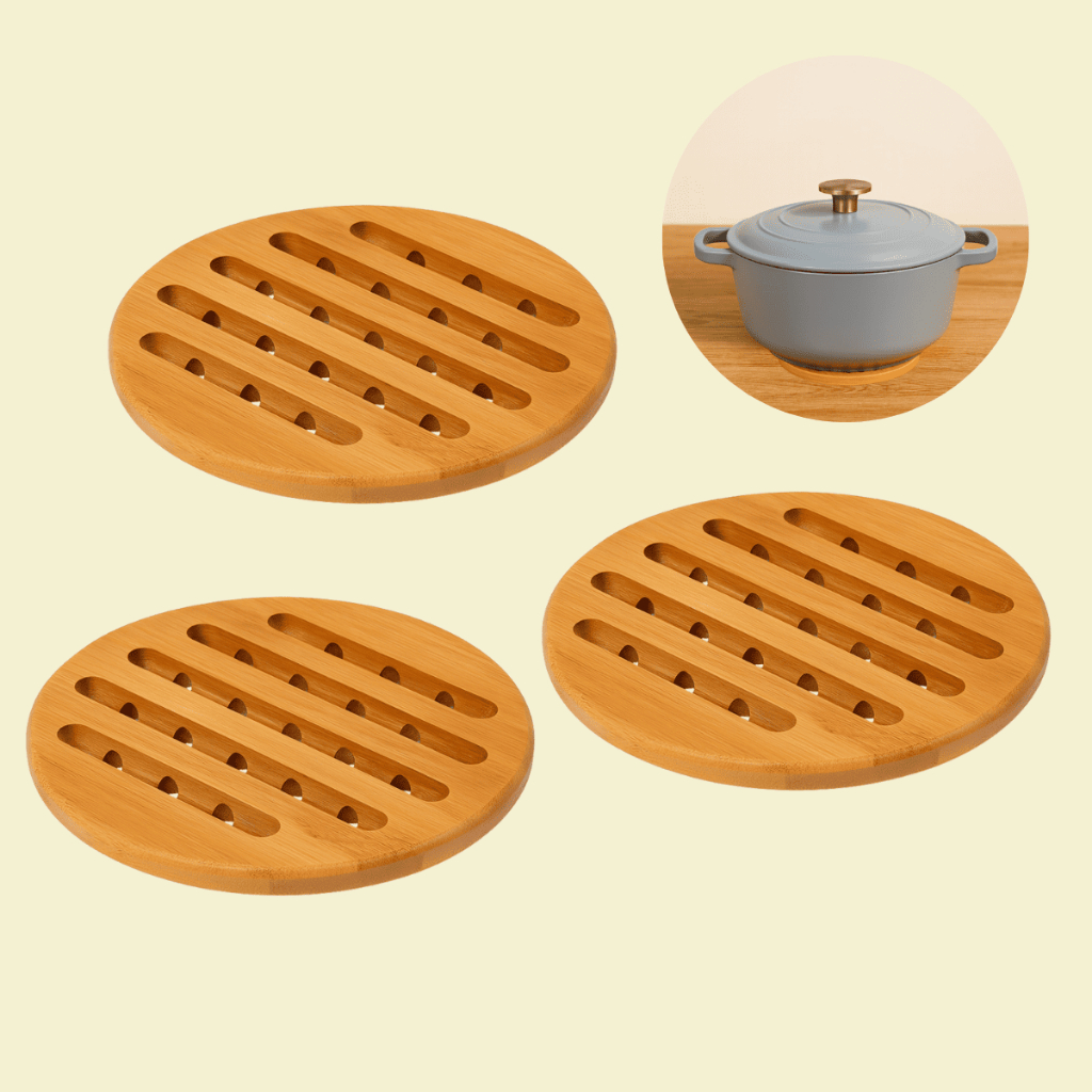 Kit 3 Suportes para Panela Quente de Bambu Descanso Forma Travessa Bule Sopeira Cozinha Mesa Posta Servir Restaurante