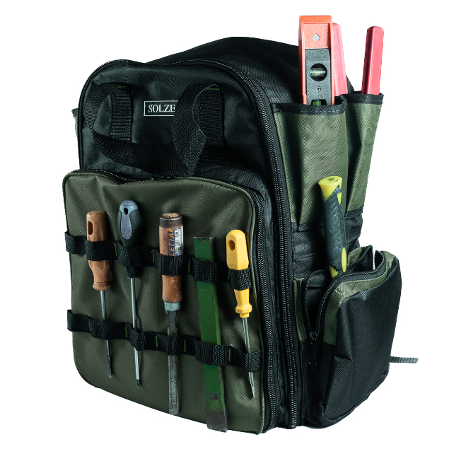 Mochila Grande para Ferramentas Verde e Preto Solze com 36 bolsos, grande espaçosa em lona impermeável e resistente.