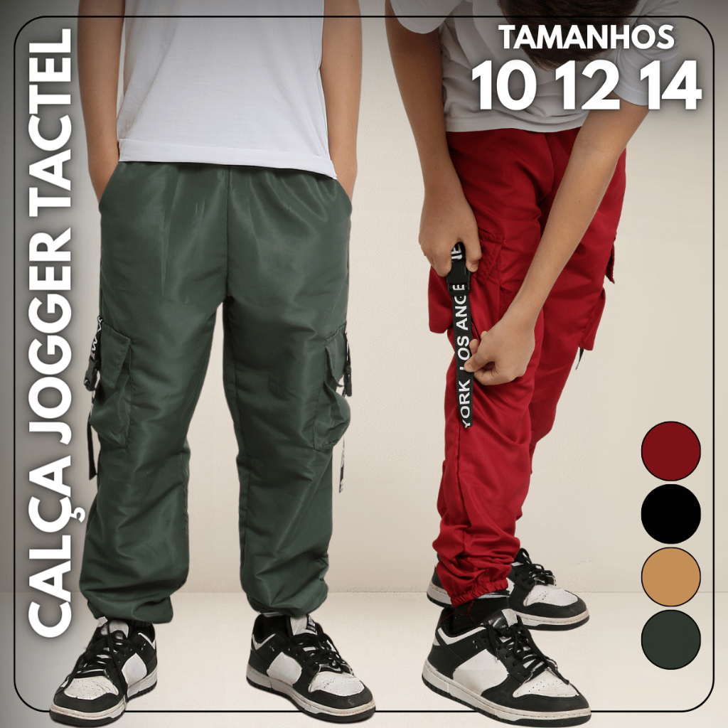 Calça Tactel Infantil Jogger Bolso Cargo Juvenil Uniforme Para Escola Inverno Fita Estilosa Moda