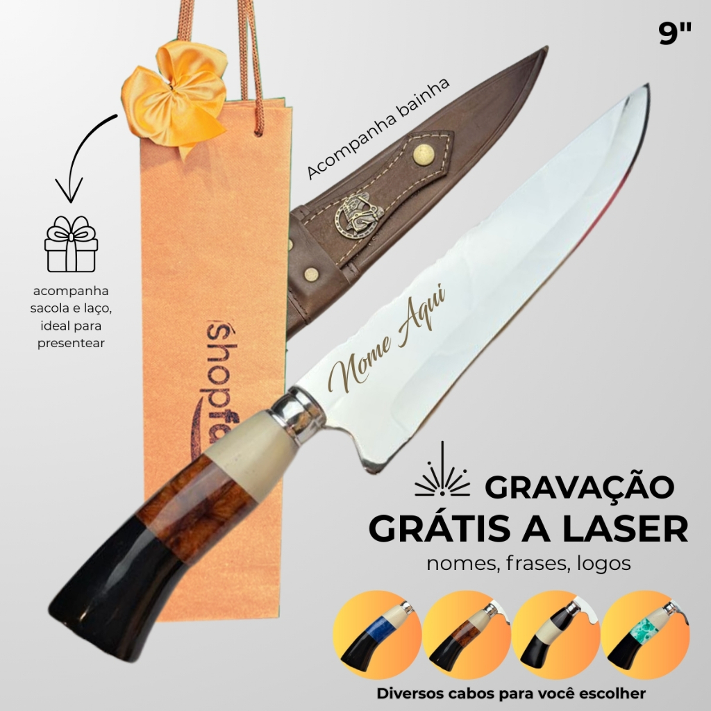 Faca Churrasco Personalizada Afiada Aço Inox com Nome Personalizado a Laser 9 Polegadas