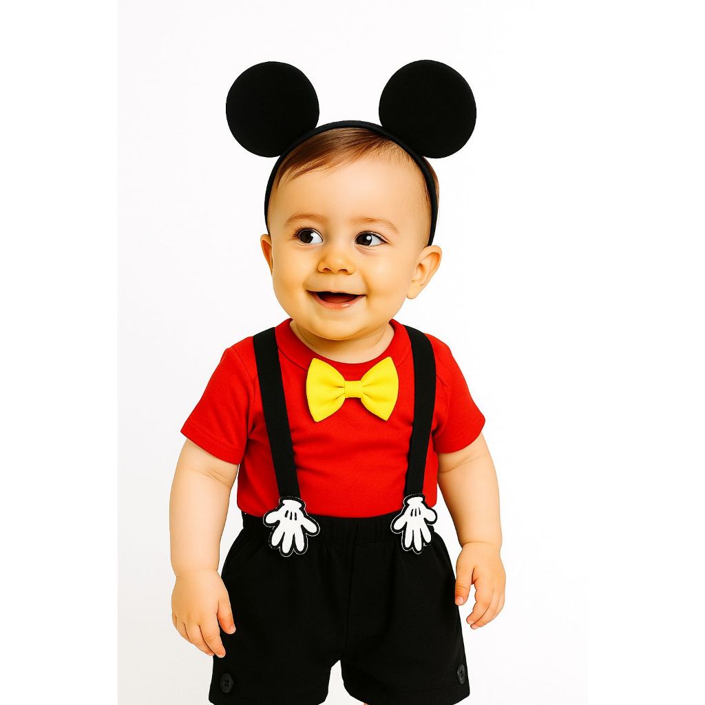 Fantasia Mickey Bebê Menino Mesversário Conjunto Infantil Temático Aniversário Camiseta, Shorts, Suspensório e Orelhinha