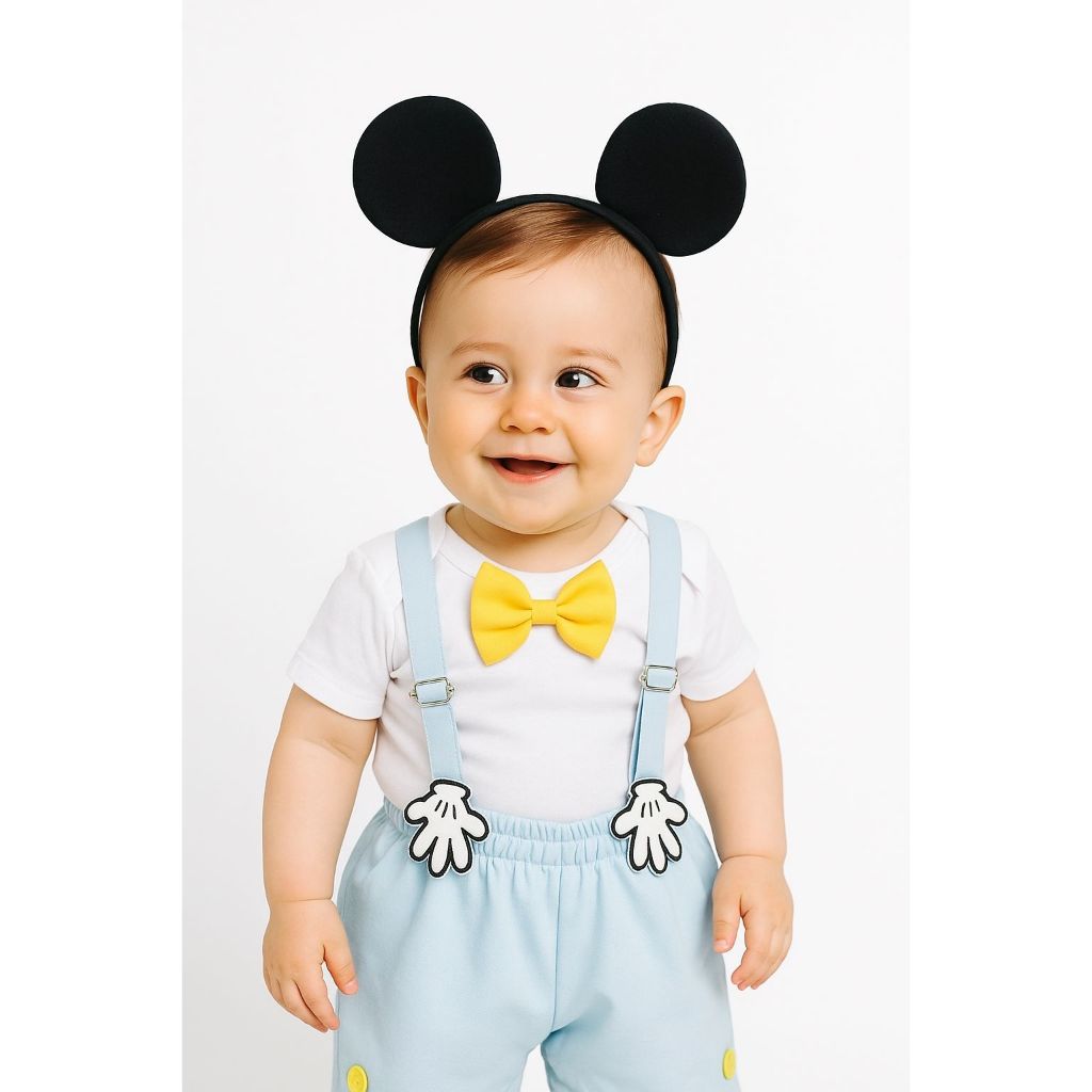 Conjunto Infantil Temático Aniversário Fantasia Mickey Bebê Menino Mesversário Camiseta, Shorts, Suspensório e Orelhinha