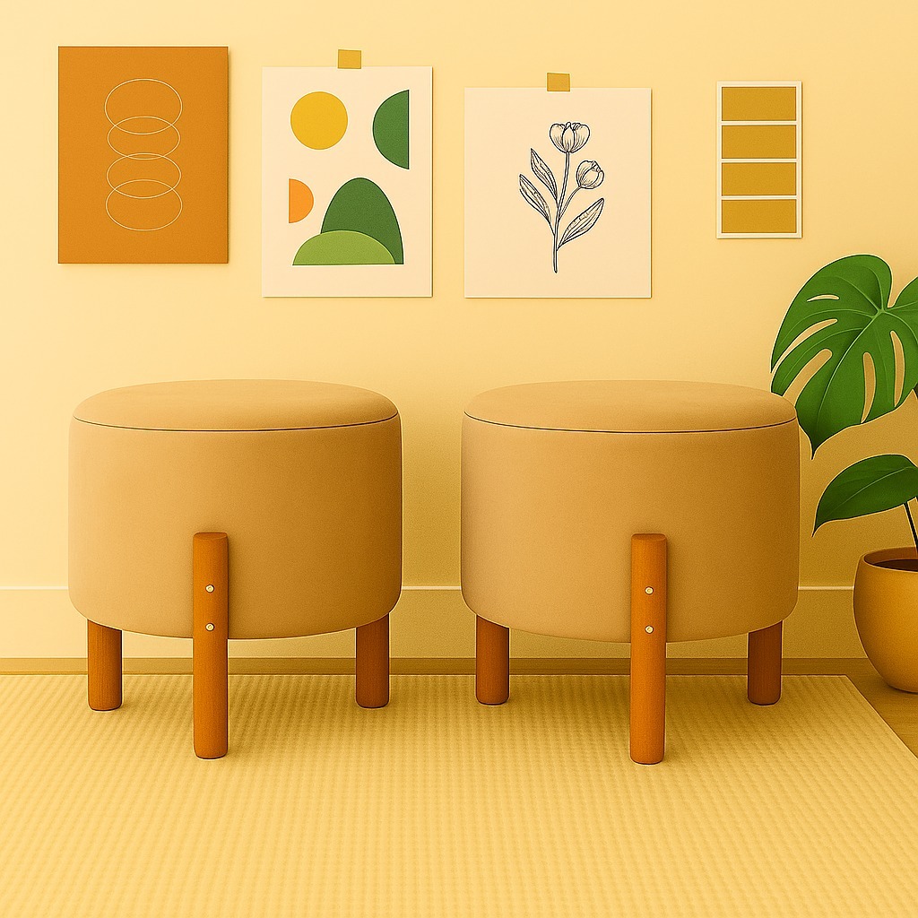 Kit 2 Puffs Banquinho Decorativo Redondo Veludo Luxo Pés em Madeira Maciça - Casa Viva Decor