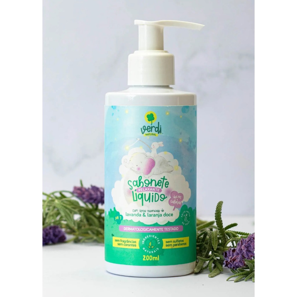 Sabonete Liquido e Shampoo Infantil Relaxante com Óleos Essenciais de Lavanda e Laranja Doce verdi natural