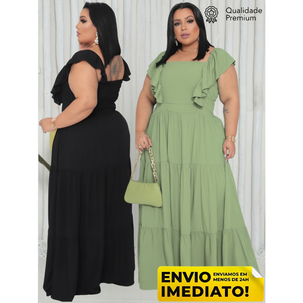 VESTIDO PLUS SIZE COM BABADO NOS HOMBROS EVANGELICA LONGO ENVIO IMEDIATO