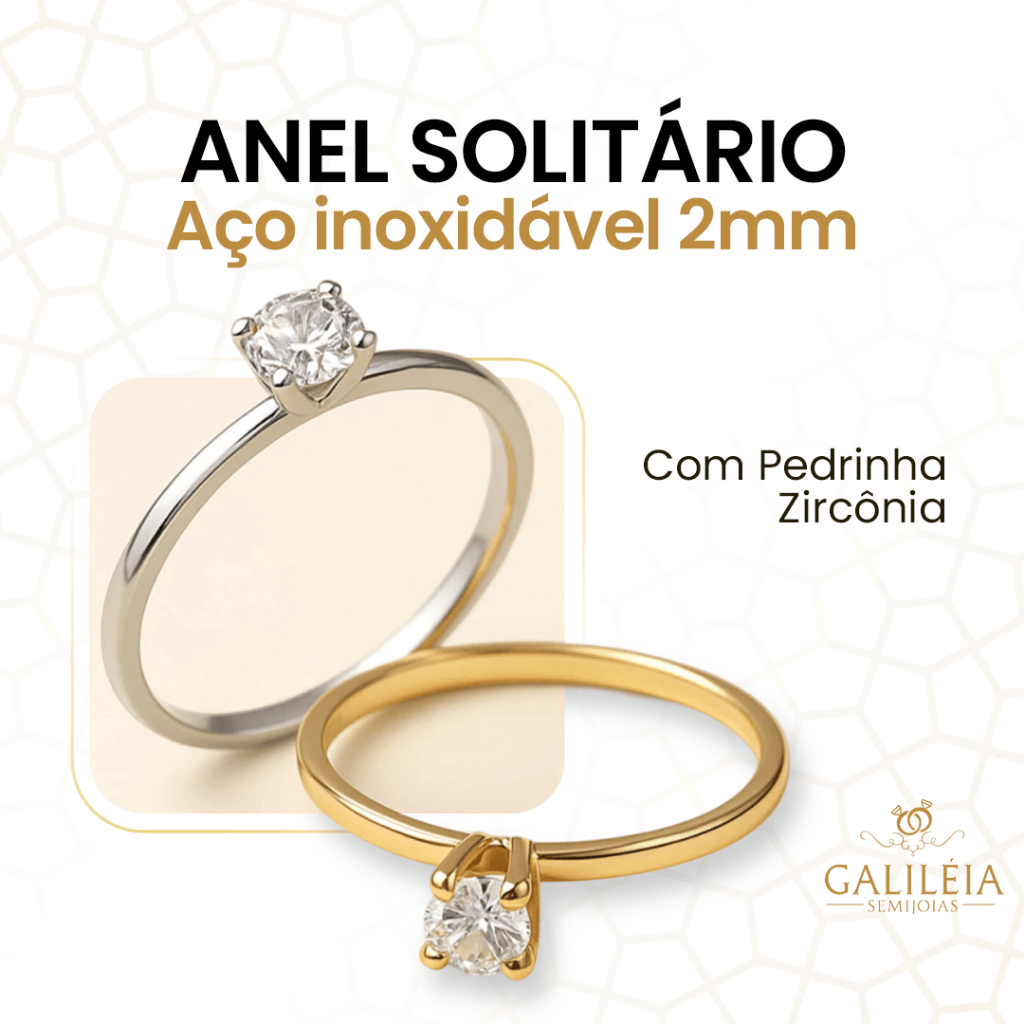 Anel Solitário Ouro Prata Banhado 2mm - Inox Polido Fino Pedrinha Zircônia | Aliança Compromisso Noivado Namoro Elegante em Oferta na Shopee