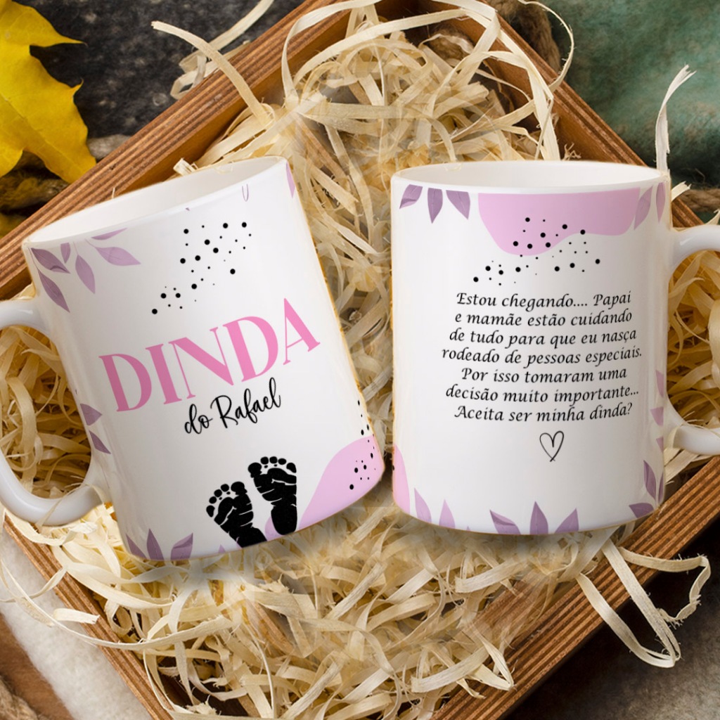 Caneca Convite Dindo e Dinda | Presente Criativo para Padrinhos | Batizado Chá Revelação