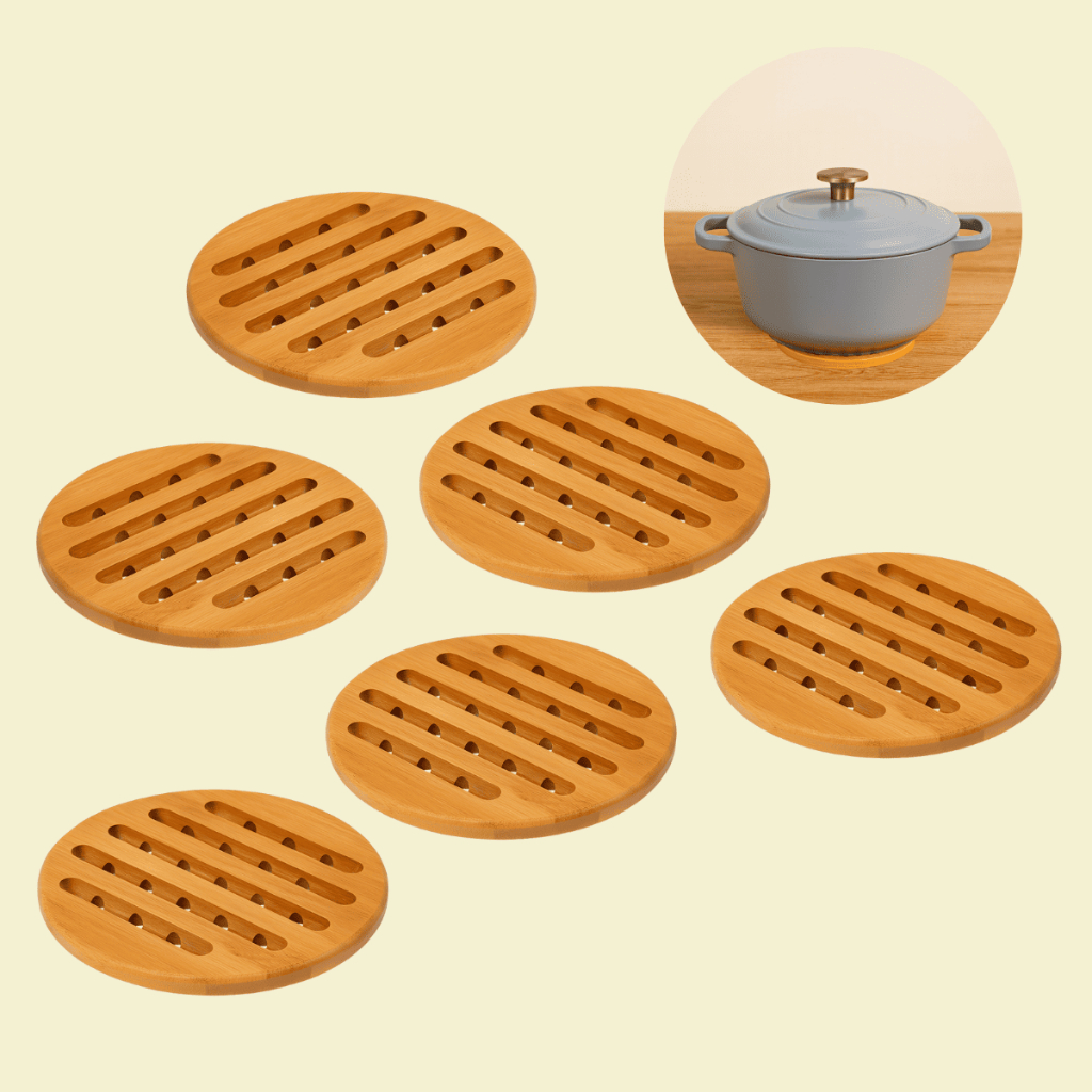 Kit 6 Suporte Panela Quente de Bambu Descanso Travessa Forma Bule Sopeira Mesa Posta Cozinha Refeição Servir Restaurante