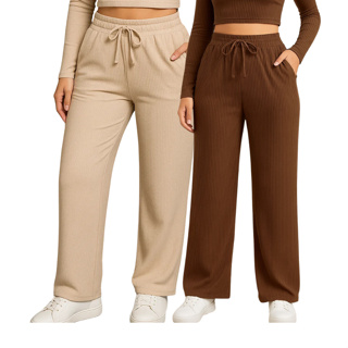 Kit 2 Calça Preta Pantalona Feminina Lisa Com Bolso Cintura Alta Tecido Canelado Confortável em Oferta na Shopee