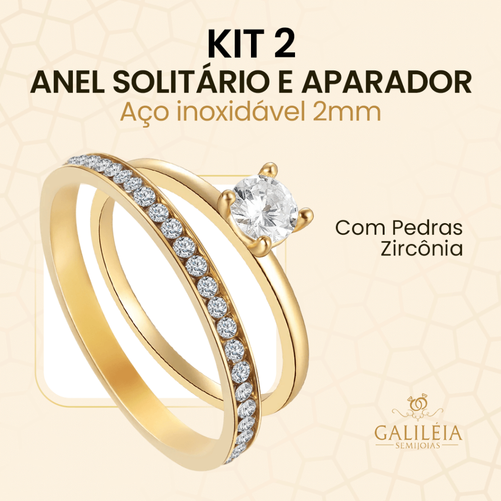 Kit 2 |  Anel Solitário e Aparador de Aliança | Dourado Prata | Com Pedras Zircônia em Oferta na Shopee