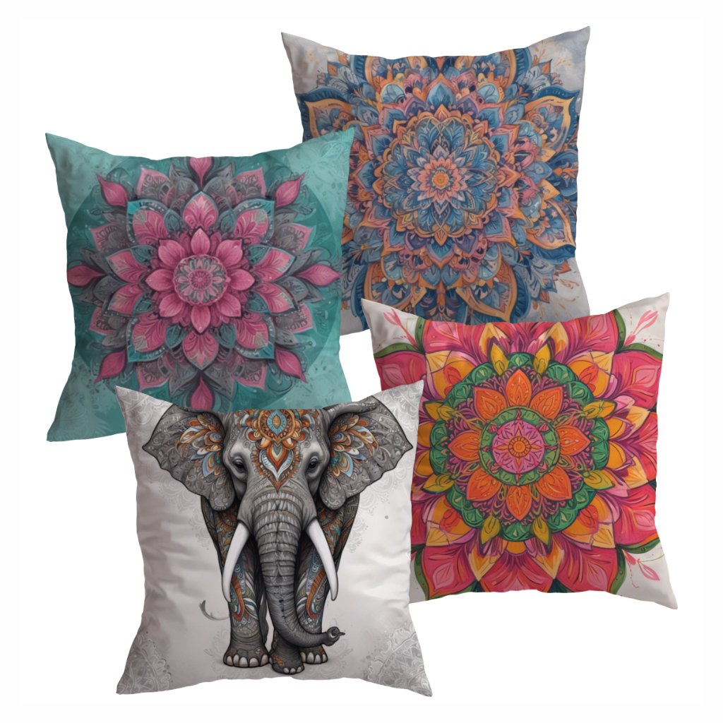Kit 4 Capas Almofada Mandala Colorida 45x45cm Decorativa Sofá Sala Quarto Zíper Boho Estampada