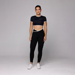 Conjunto Academia Kate Fitness Feminino Cropped com Manga e Calça Legging Cós Cruzado Coleção Duo