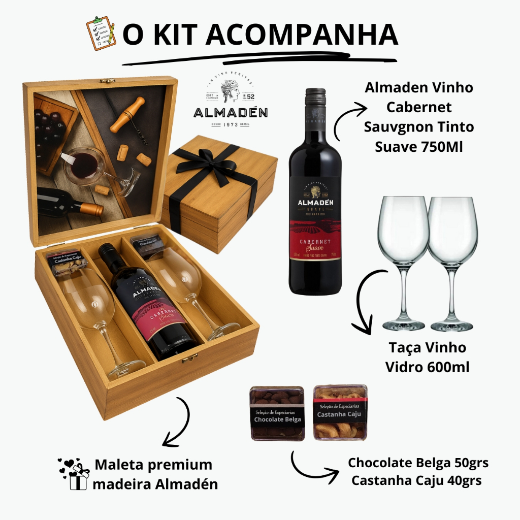 Kit Cesta Vinho Tinto Cabernet Sauvignon Almadén 750ml. Pronto para Presentear. PERSONALIZE COM NOME OU LOGO!