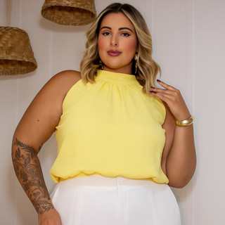 Blusinha plus size feminina com gola e botão com pregas modinha fashion plus size moda festa casual fashion festa