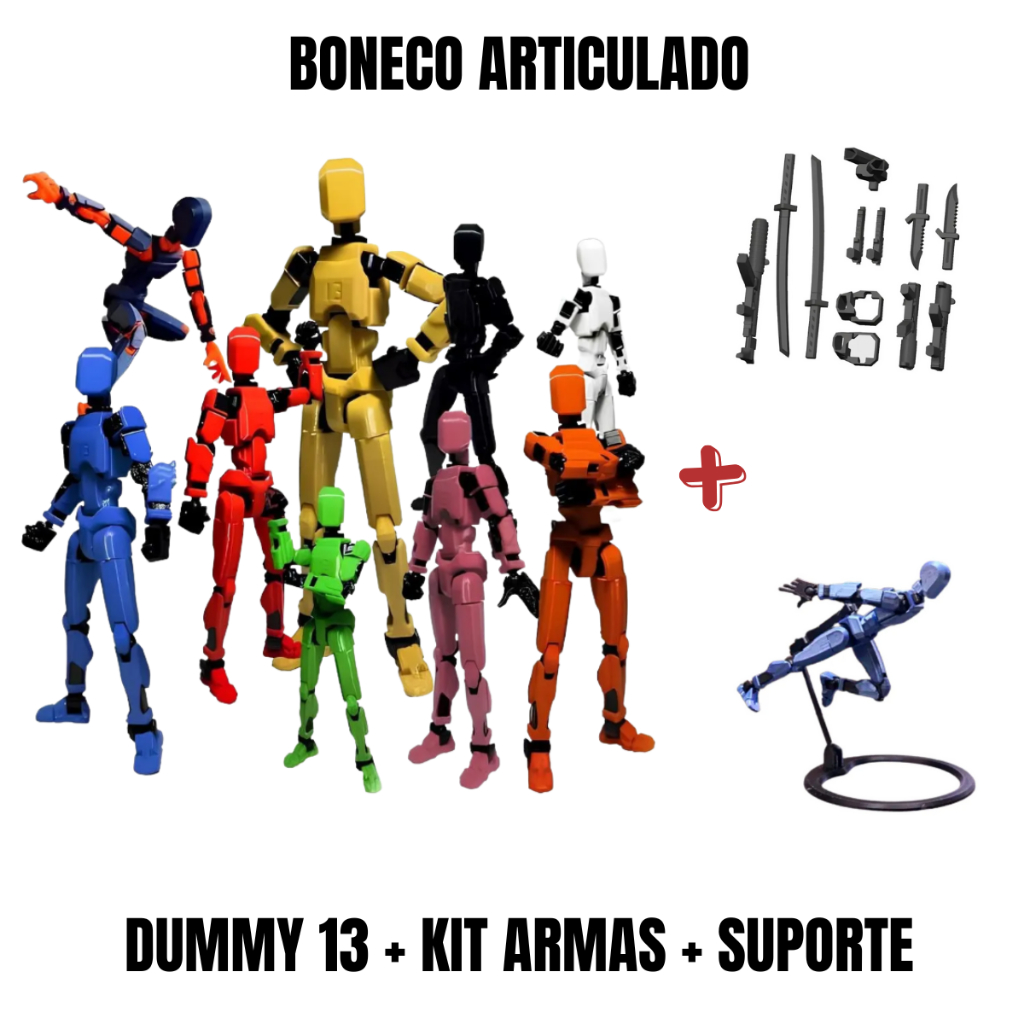 Boneco Dummy 13 - Boneco Articulado para Montar Action Figure Brinquedo Educativo + Kit Armas + Base Suporte .