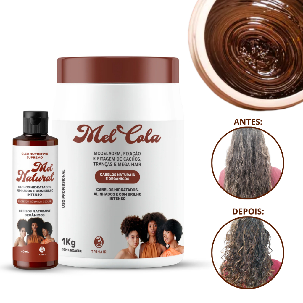Mel Cola Trihair 1kg + Óleo Mel Natural 60ml (Proteção Solar e Térmica) Fixação Definição Modelagem em Oferta na Shopee