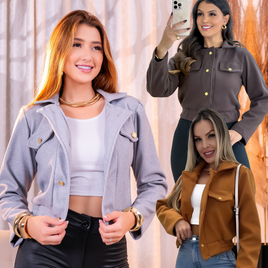 Casaco jaqueta tecido lã batida manga longa