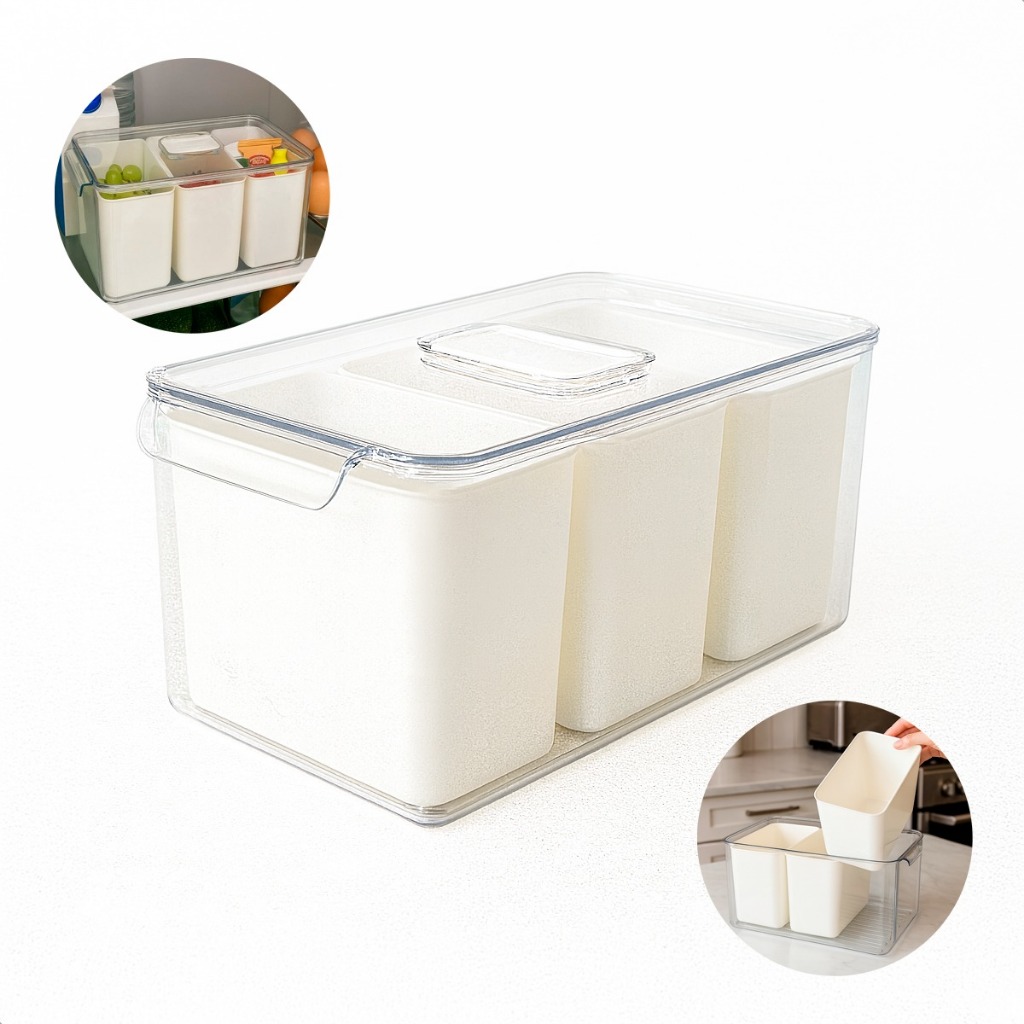 Pote Organizador De Geladeira Despensa Transparente E Branco 5,7l 3 Divisórias