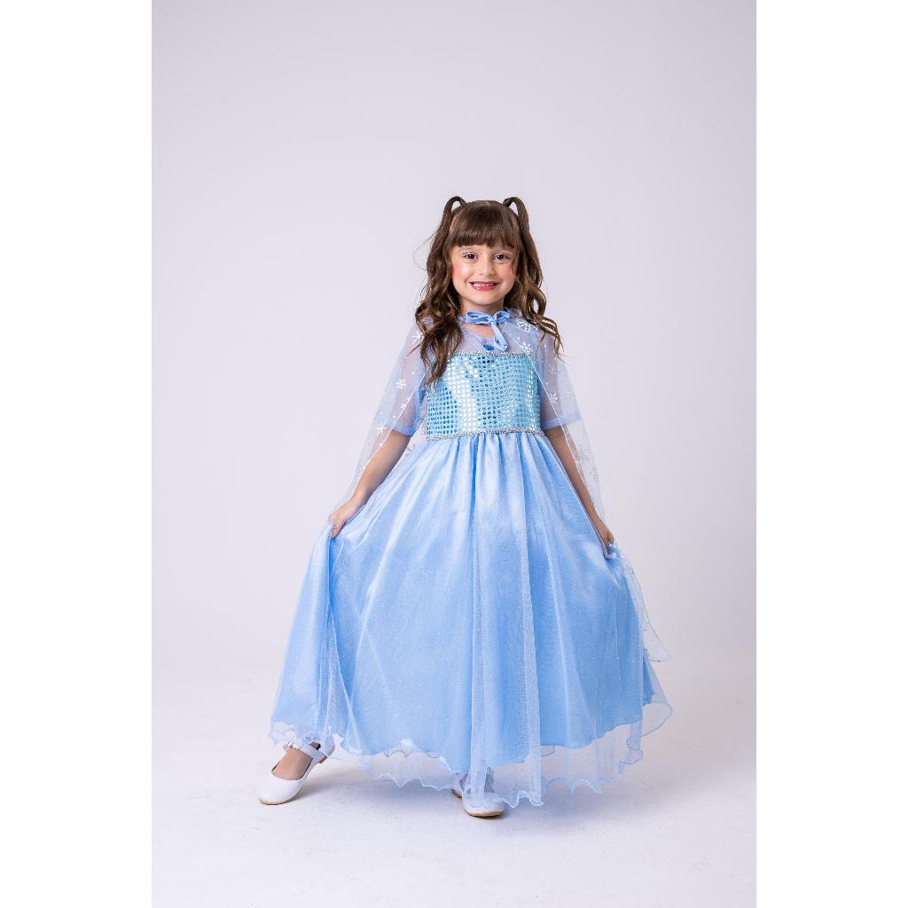 Fantasia Vestido + Capa Princesa Elsa Frozen Longa Infantil Juvenil Festa Luxo Halloween Aniversário Princesa
