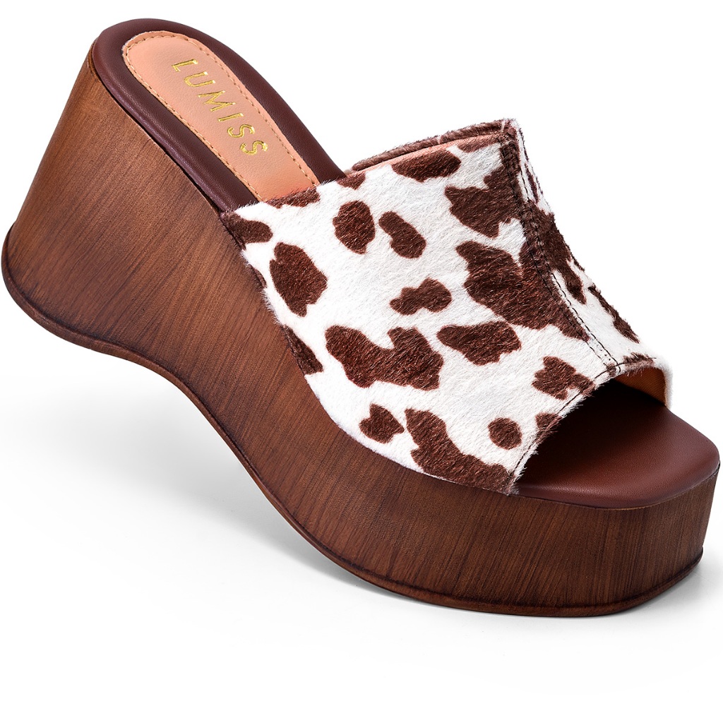 Sandália Feminina Lumiss Tamanco Anabela Plataforma Madeira Estampa Vaca Animal Print em Oferta na Shopee