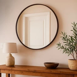 Espelho Redondo Lapidado 40cm com Moldura de Couro Para Banheiro Quarto Sala Decoração Maquiagem