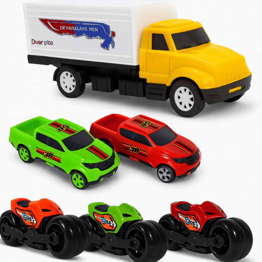 Kit Brinquedo Infantil Presente Caminhão Bau Moto Carrinho Completo Menino 7 Peças Dia Das Crianças