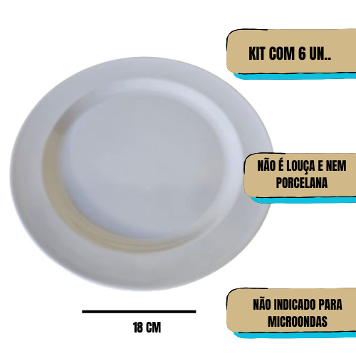 Prato Melamine Branco Jogo de Pratos Redondo Sobremesa Petiscos Kit 6 Unidades Resistente