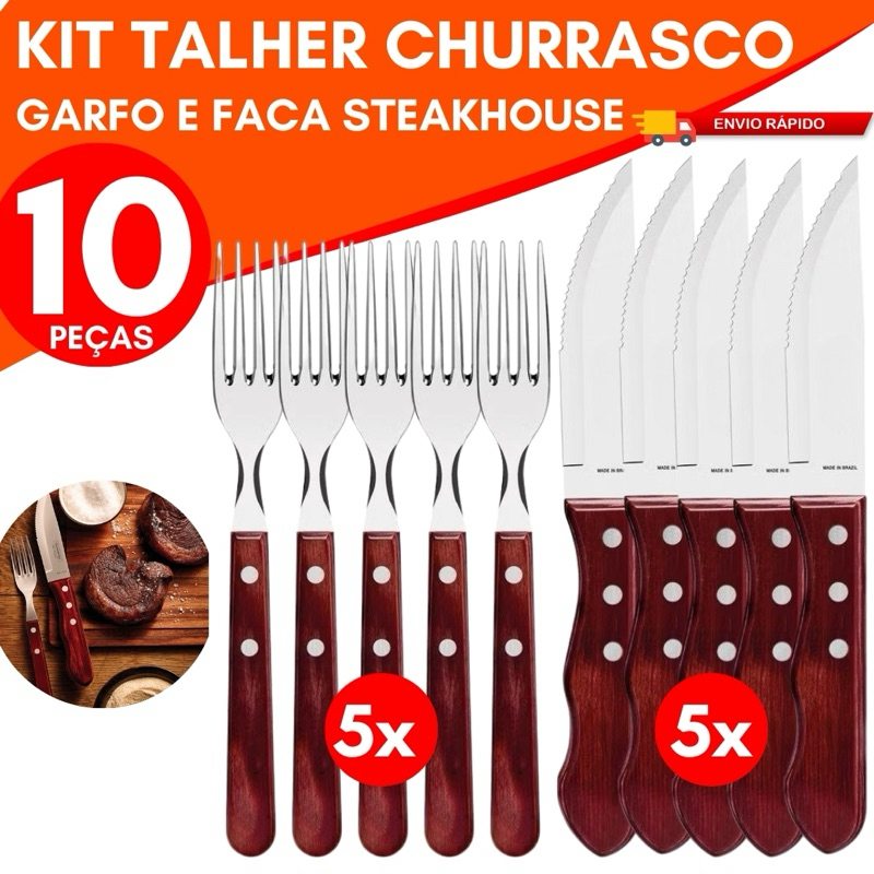 Kit 10 ou 6 Talher Garfo e Faca Jumbo Inox com Cabo de Madeira Churrascaria Linha Wooden 5”b em Oferta na Shopee