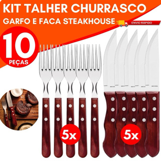 Kit 10 ou 6 Talher Garfo e Faca Jumbo Inox com Cabo de Madeira Churrascaria Linha Wooden 5”b em Oferta na Shopee