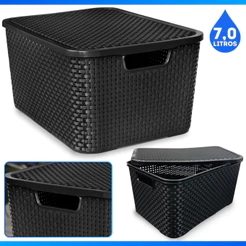 Caixa Organizadora Rattan 7 Litros Tampa Empilhável Ideal Para Quarto Cozinha Lavanderia - PROMOÇÃO