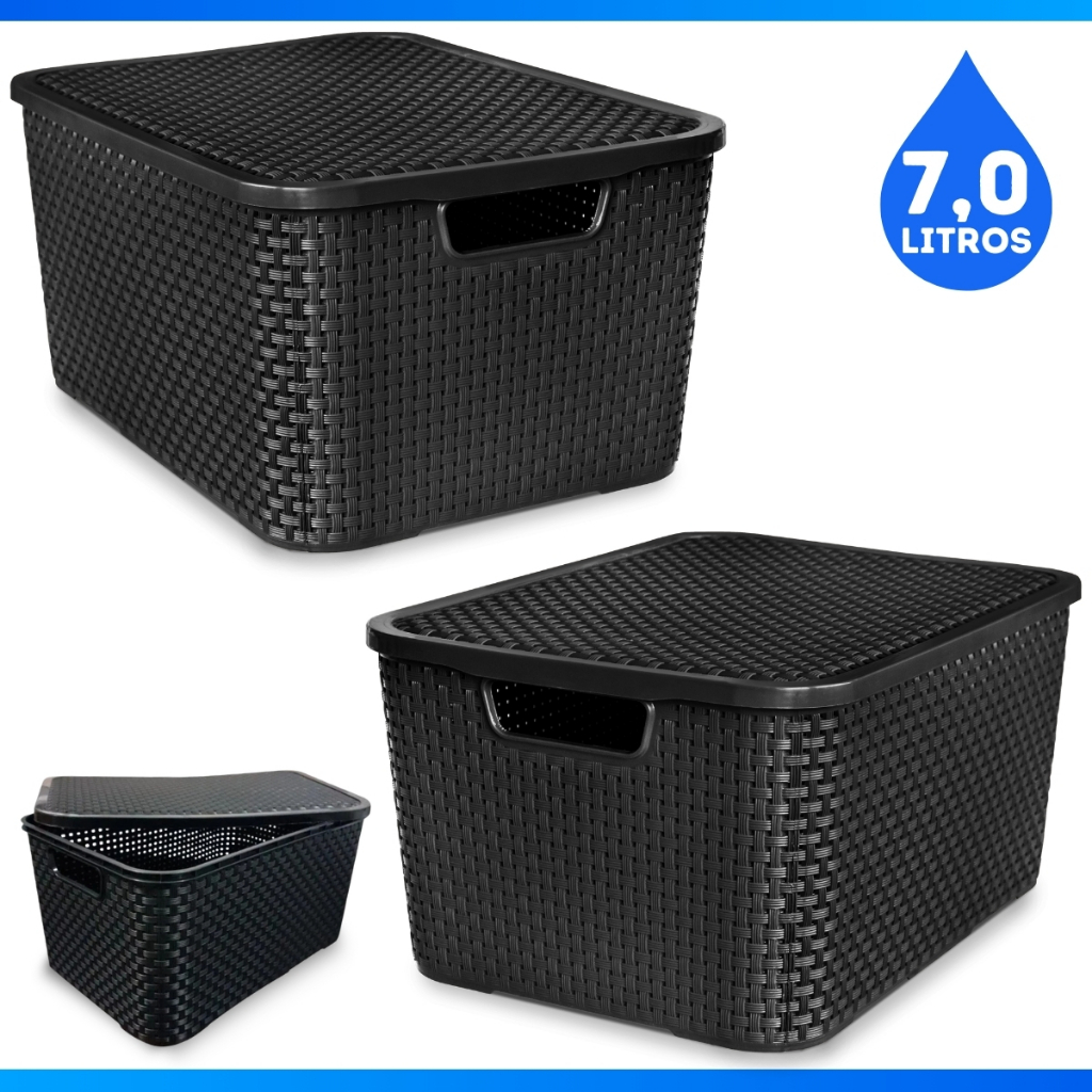 Kit Com 2 Cesto Caixa Organizadora Rattan Com Tampa 7 Litros Preto Multiuso - PROMOÇÃO