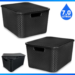 Kit Com 2 Cesto Caixa Organizadora Rattan Com Tampa 7 Litros Preto Multiuso - PROMOÇÃO