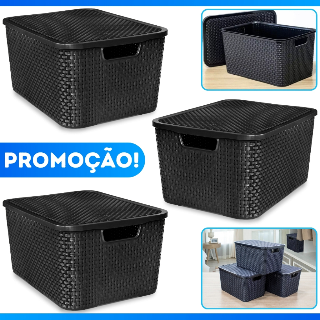Kit Com 3 Cesto Caixa Organizadora Rattan Com Tampa 7 Litros Preto - PROMOÇÃO