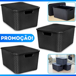 Kit Com 3 Cesto Caixa Organizadora Rattan Com Tampa 7 Litros Preto - PROMOÇÃO