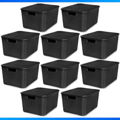 Kit Com 10 Cesto Caixa Organizadora Rattan Com Tampa 7 Litros Preto - PREÇO BAIXO