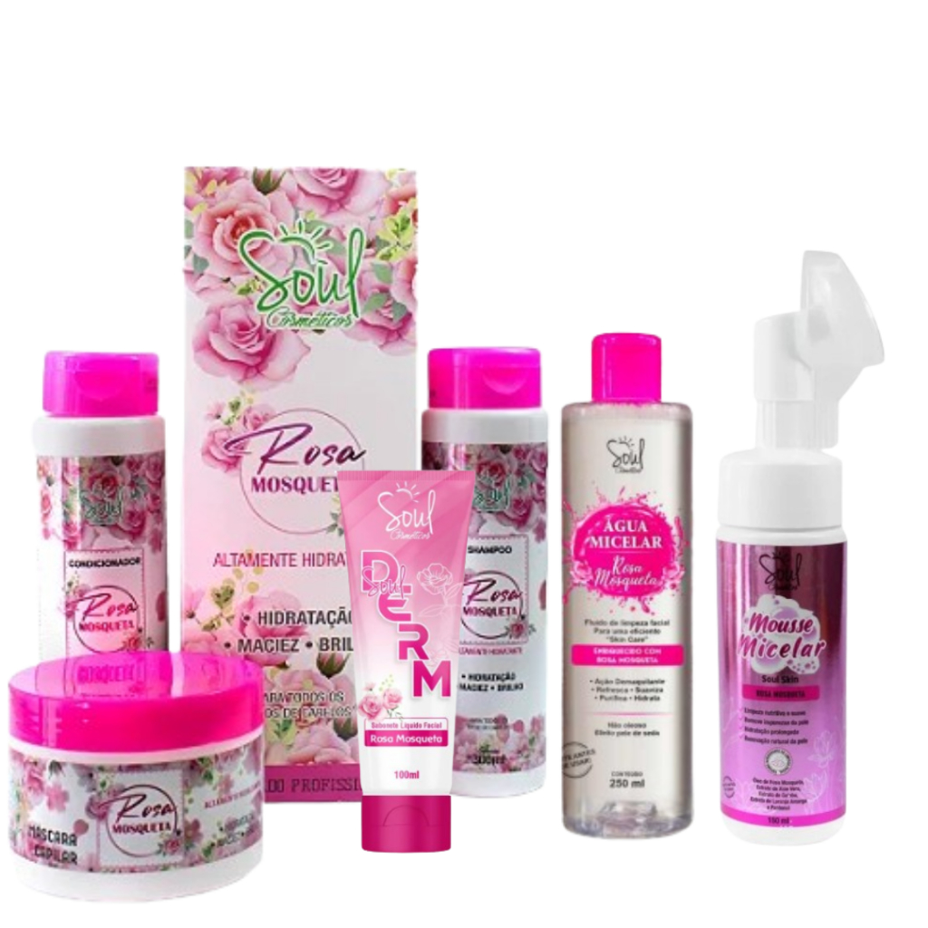Kit Completo Rosa Mosqueta 04 itens (Kit Capilar + Mousse Facial + Água Micelar + Sabonete Facial)