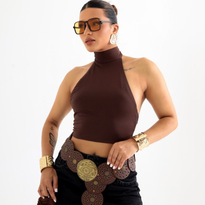 Blusa Cropped Frente Única Gola Alta Costa Nua Com Amarração Duplo Poliamida Moda Básica Estilosa — imagem 2 de 2