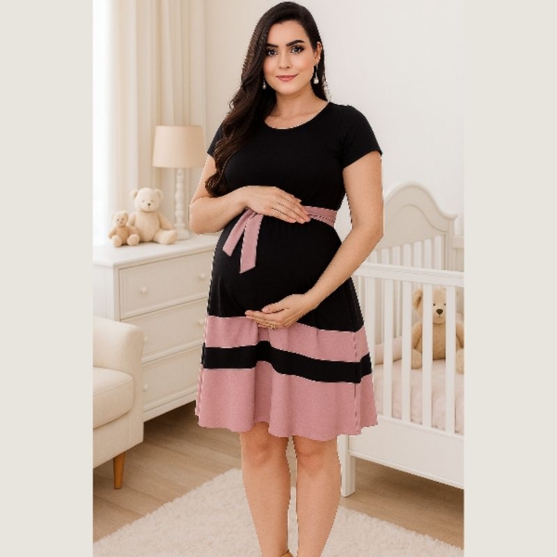 Vestido Gestante Midi Soltinho Godê Delicado com Cinto Malha Premium