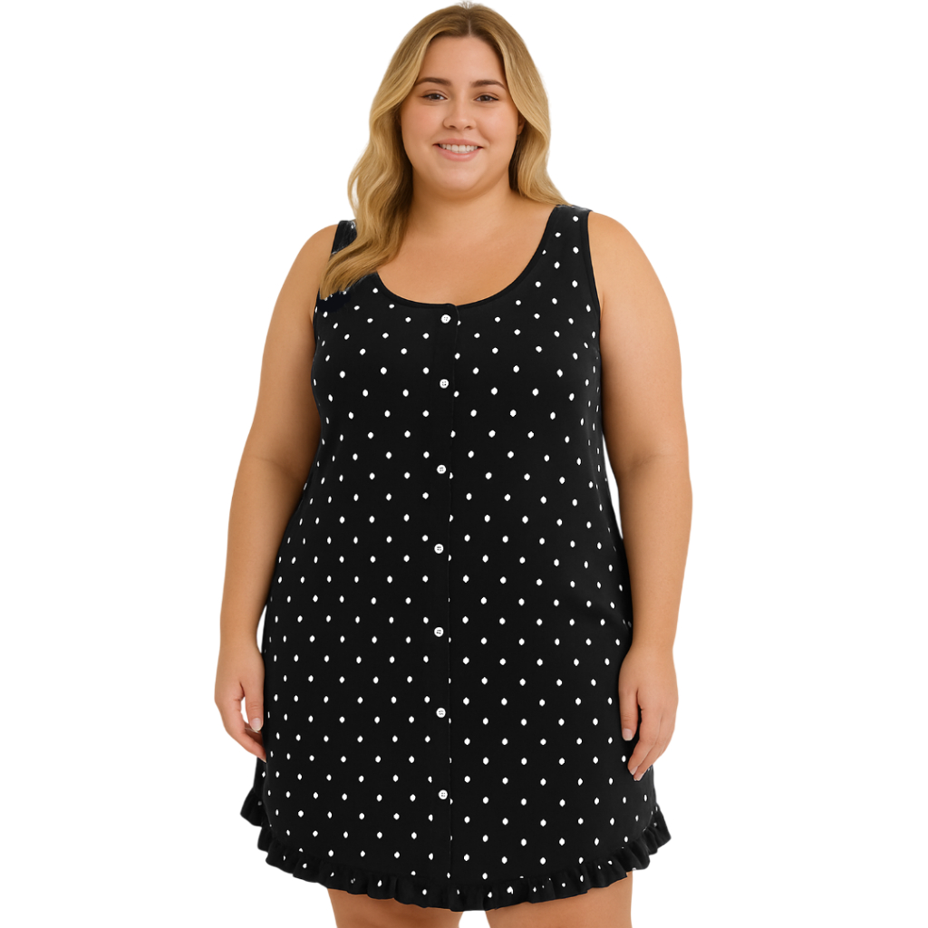Camisola Regata Feminina Plus Size Estampa Poá Larga Discreta Botão Pijama Dormir Verão