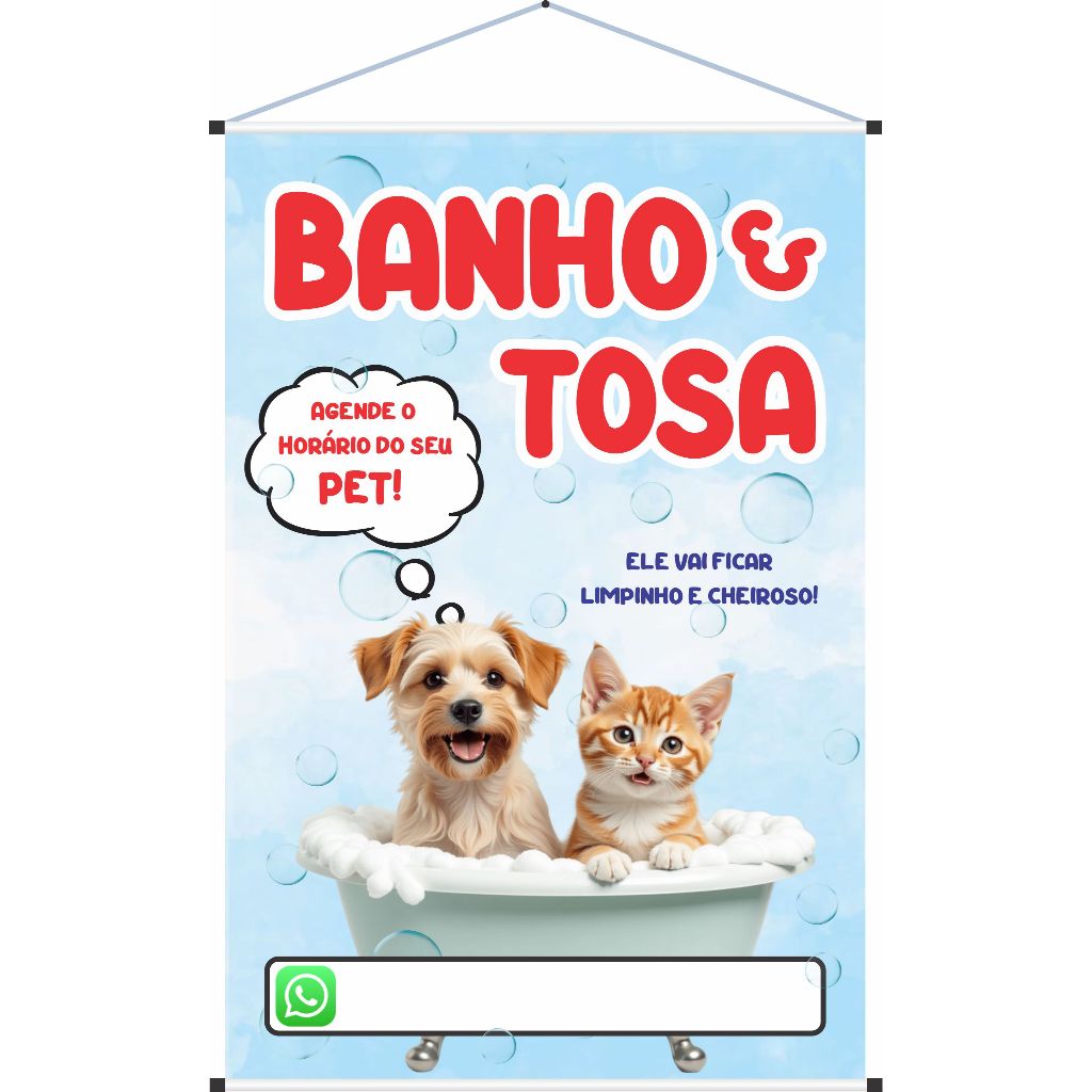 Banner pronto para Pet Shop Banho e Tosa 70x50cm Alta resolução